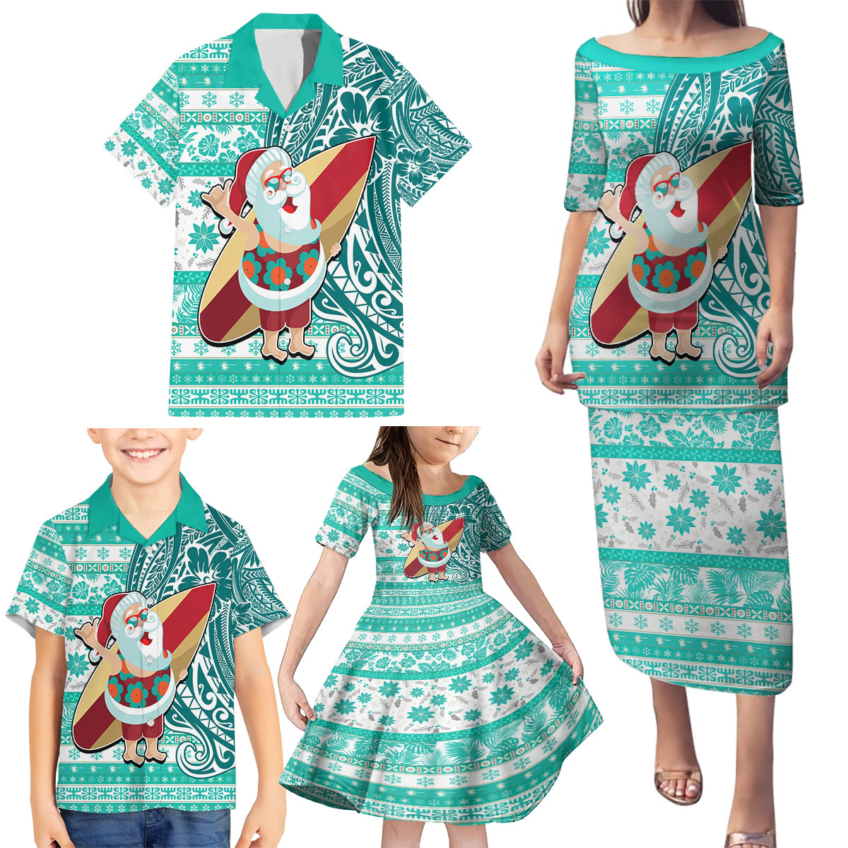 Custom Hawaii Mele Kalikimaka Family Matching Puletasi Dress and Hawaiian Shirt Santa Claus Surfing with Hawaiian Pattern Striped Turquoise Style LT03 - Polynesian Pride