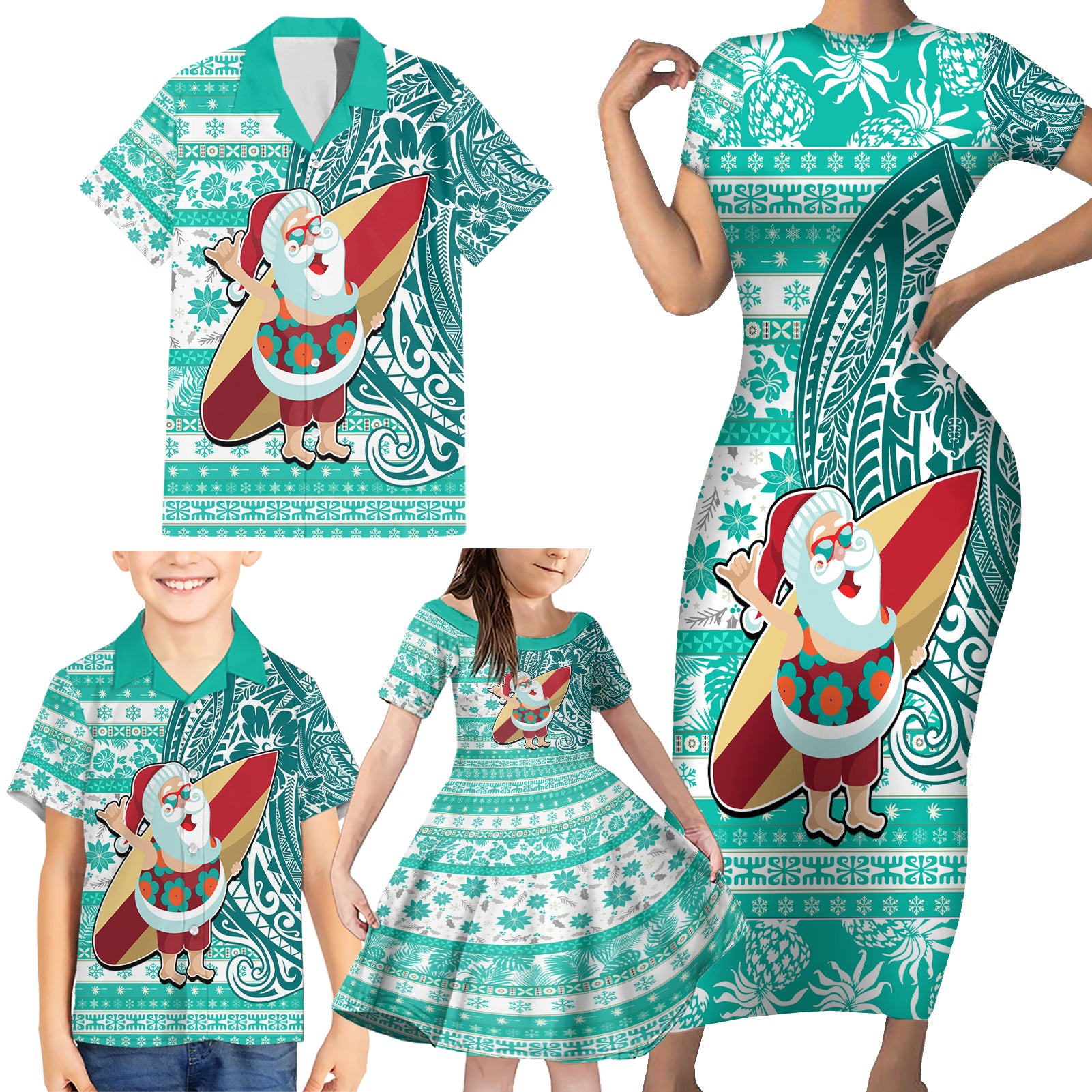 Custom Hawaii Mele Kalikimaka Family Matching Short Sleeve Bodycon Dress and Hawaiian Shirt Santa Claus Surfing with Hawaiian Pattern Striped Turquoise Style LT03 - Polynesian Pride