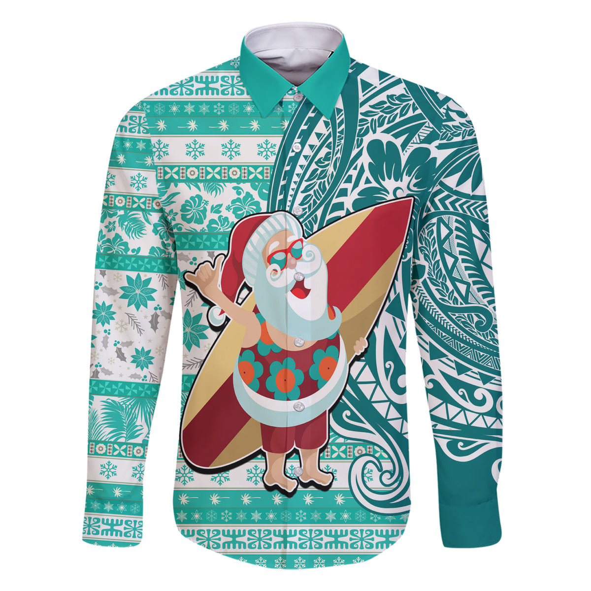 Custom Hawaii Mele Kalikimaka Family Matching Short Sleeve Bodycon Dress and Hawaiian Shirt Santa Claus Surfing with Hawaiian Pattern Striped Turquoise Style LT03 Dad's Shirt - Long Sleeve Turquoise - Polynesian Pride
