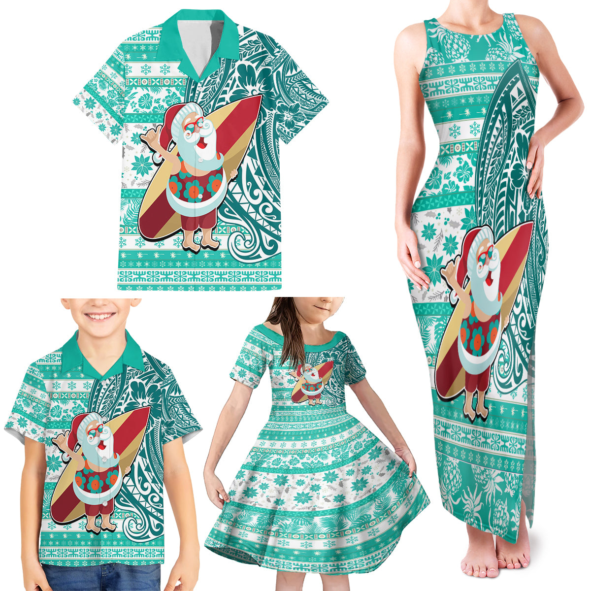 Custom Hawaii Mele Kalikimaka Family Matching Tank Maxi Dress and Hawaiian Shirt Santa Claus Surfing with Hawaiian Pattern Striped Turquoise Style LT03 - Polynesian Pride