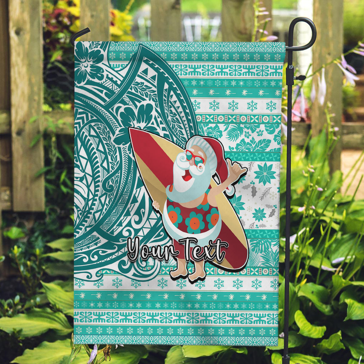 Custom Hawaii Mele Kalikimaka Garden Flag Santa Claus Surfing with Hawaiian Pattern Striped Turquoise Style LT03 Garden Flag Turquoise - Polynesian Pride