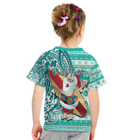 Custom Hawaii Mele Kalikimaka Kid T Shirt Santa Claus Surfing with Hawaiian Pattern Striped Turquoise Style LT03 - Polynesian Pride