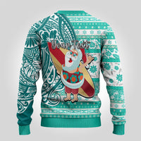 Custom Hawaii Mele Kalikimaka Ugly Christmas Sweater Santa Claus Surfing with Hawaiian Pattern Striped Turquoise Style LT03 - Polynesian Pride