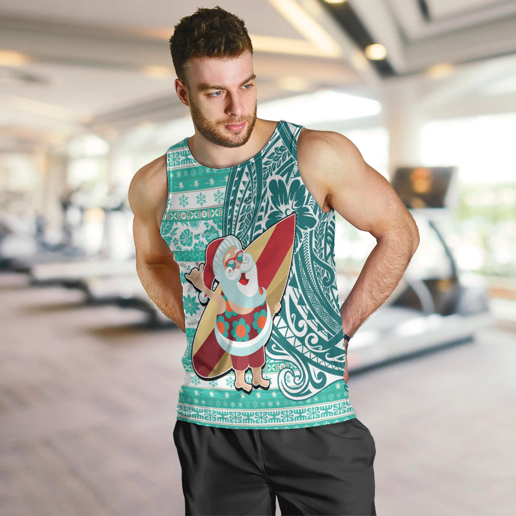 Custom Hawaii Mele Kalikimaka Men Tank Top Santa Claus Surfing with Hawaiian Pattern Striped Turquoise Style LT03 Turquoise - Polynesian Pride