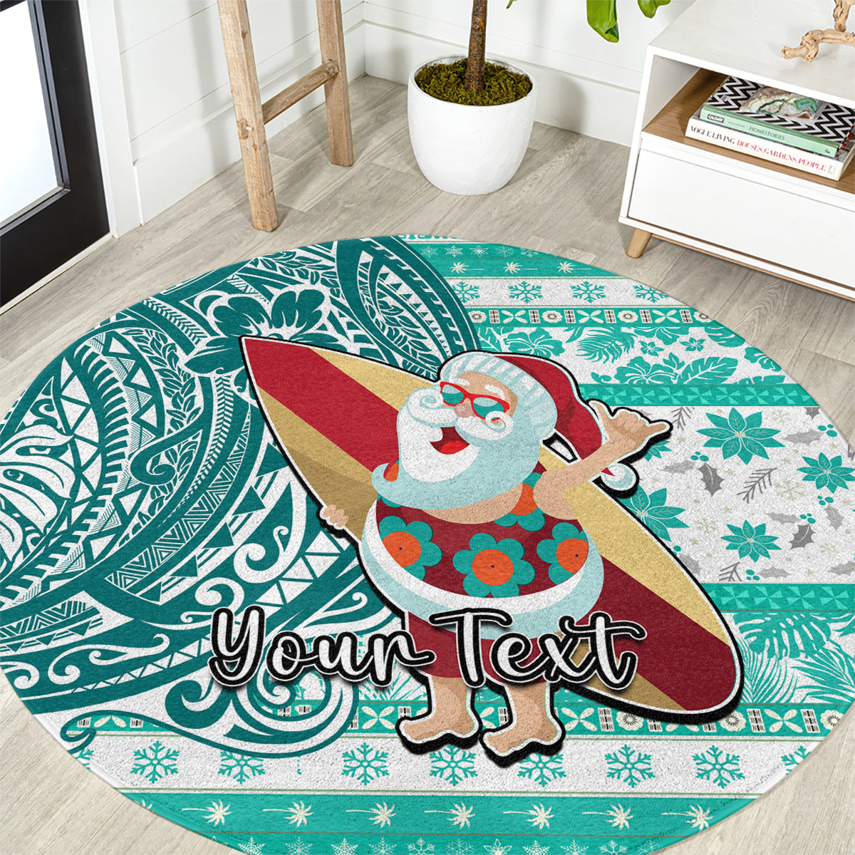 Custom Hawaii Mele Kalikimaka Round Carpet Santa Claus Surfing with Hawaiian Pattern Striped Turquoise Style LT03 Turquoise - Polynesian Pride