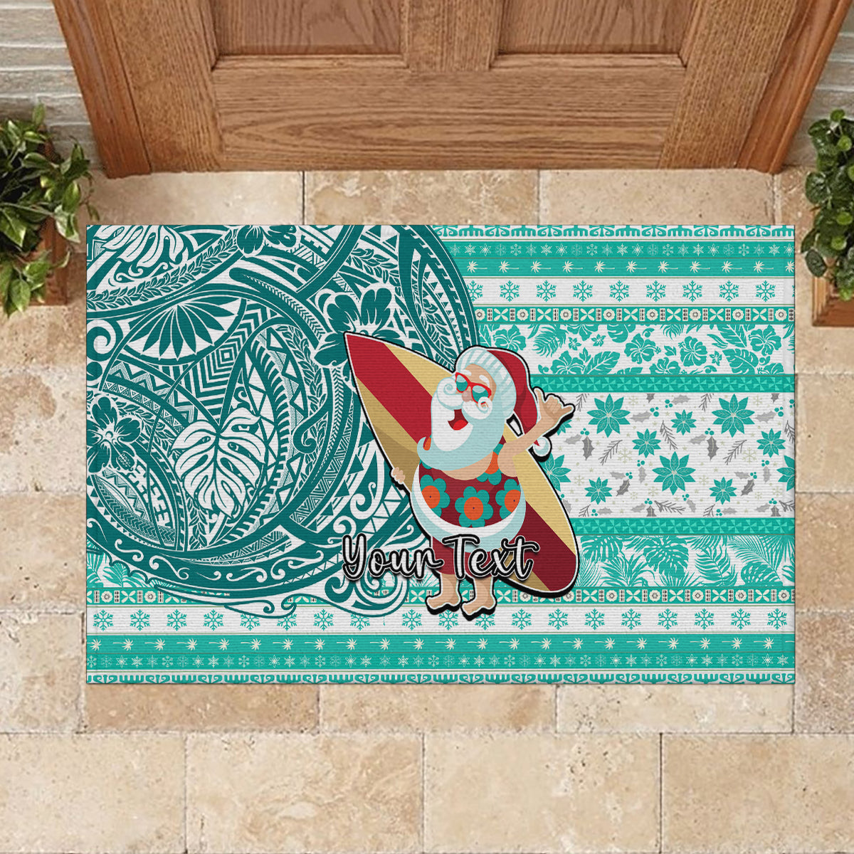 Custom Hawaii Mele Kalikimaka Rubber Doormat Santa Claus Surfing with Hawaiian Pattern Striped Turquoise Style LT03 - Polynesian Pride