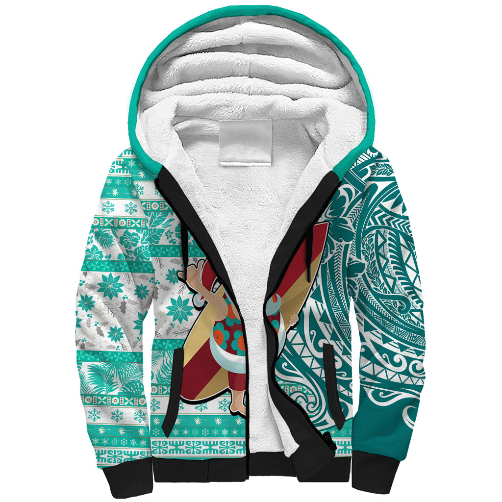 Custom Hawaii Mele Kalikimaka Sherpa Hoodie Santa Claus Surfing with Hawaiian Pattern Striped Turquoise Style LT03 Unisex Turquoise - Polynesian Pride