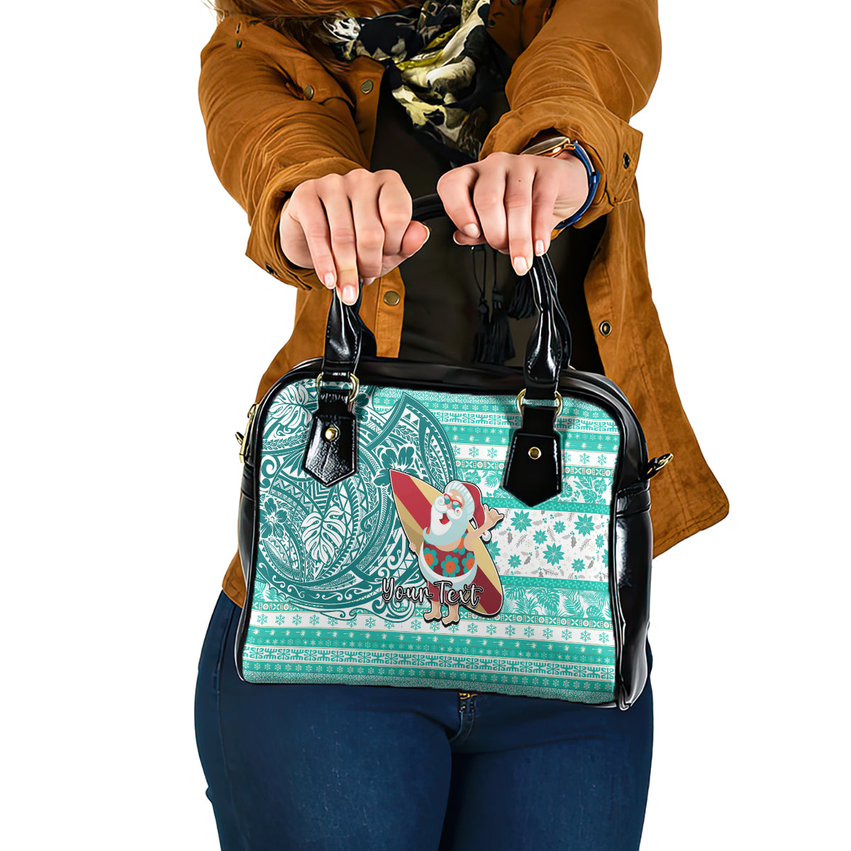 Custom Hawaii Mele Kalikimaka Shoulder Handbag Santa Claus Surfing with Hawaiian Pattern Striped Turquoise Style LT03 One Size Turquoise - Polynesian Pride