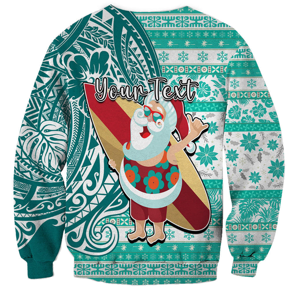 Custom Hawaii Mele Kalikimaka Sweatshirt Santa Claus Surfing with Hawaiian Pattern Striped Turquoise Style LT03 - Polynesian Pride