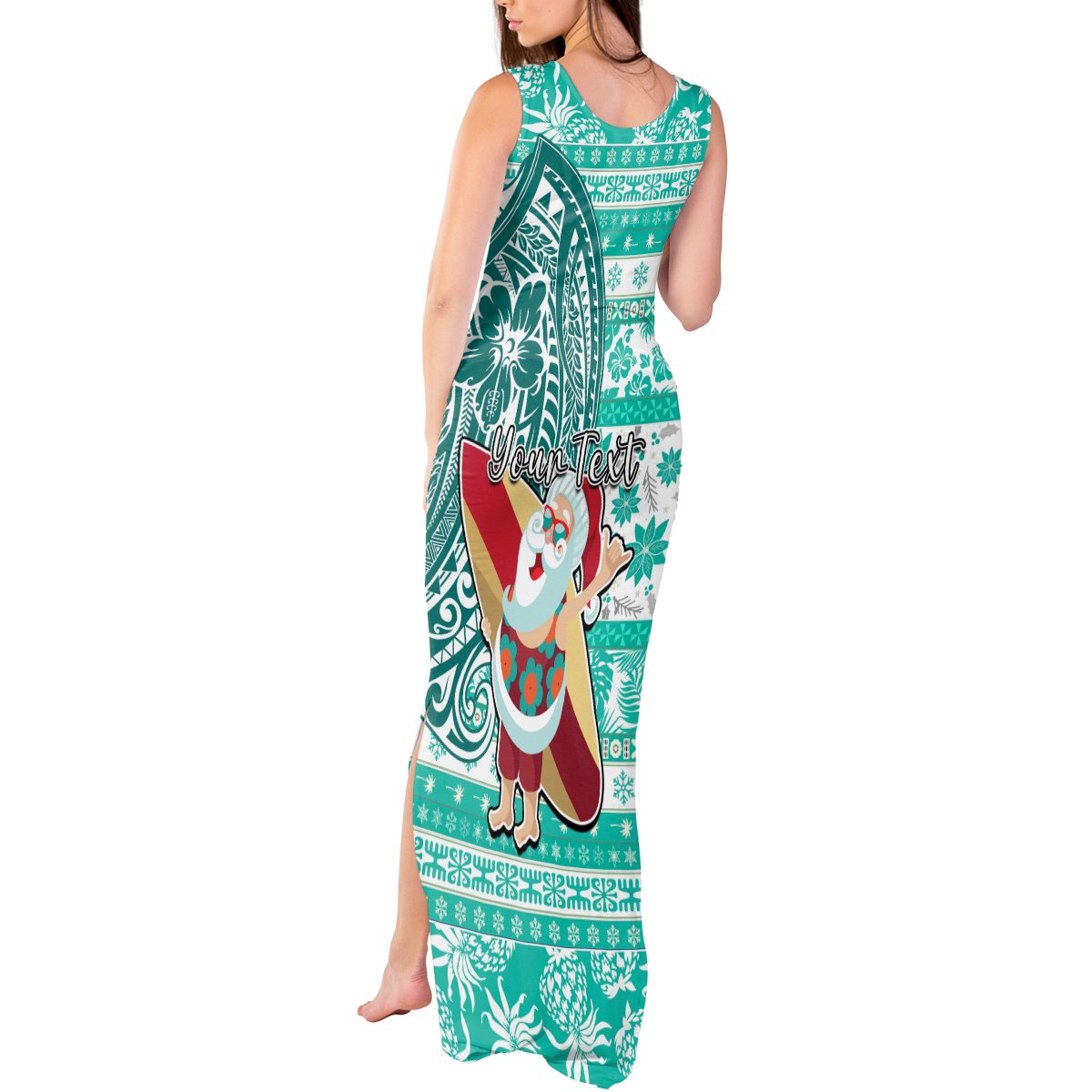 Custom Hawaii Mele Kalikimaka Tank Maxi Dress Santa Claus Surfing with Hawaiian Pattern Striped Turquoise Style LT03 - Polynesian Pride