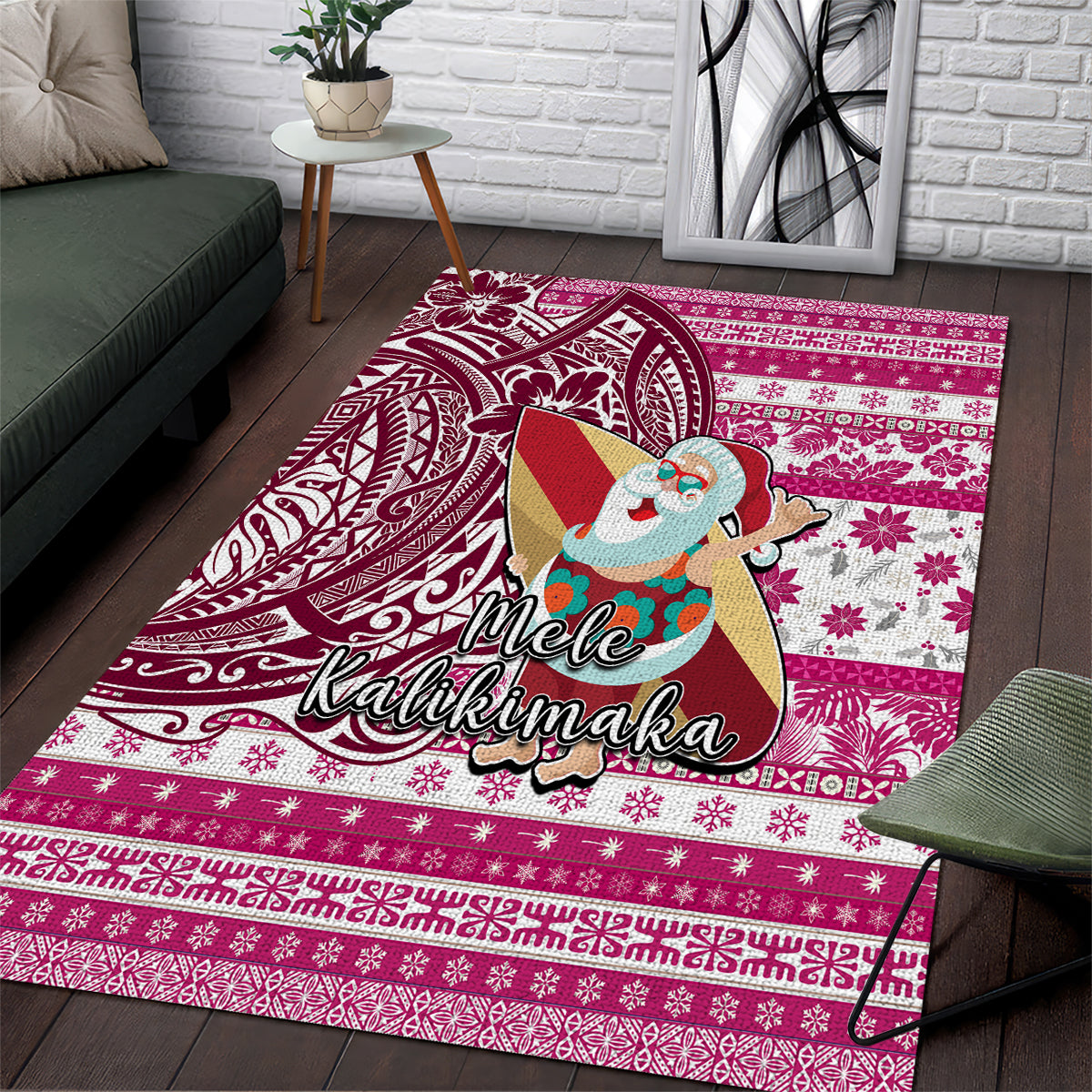 Hawaii Mele Kalikimaka Area Rug Santa Claus Surfing with Hawaiian Pattern Striped Pink Style LT03 Pink - Polynesian Pride