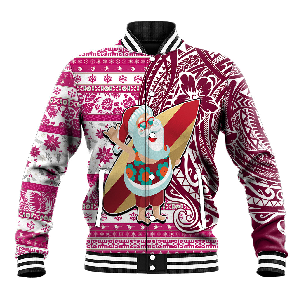 Hawaii Mele Kalikimaka Baseball Jacket Santa Claus Surfing with Hawaiian Pattern Striped Pink Style LT03 Unisex Pink - Polynesian Pride
