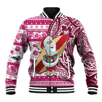 Hawaii Mele Kalikimaka Baseball Jacket Santa Claus Surfing with Hawaiian Pattern Striped Pink Style LT03 Unisex Pink - Polynesian Pride