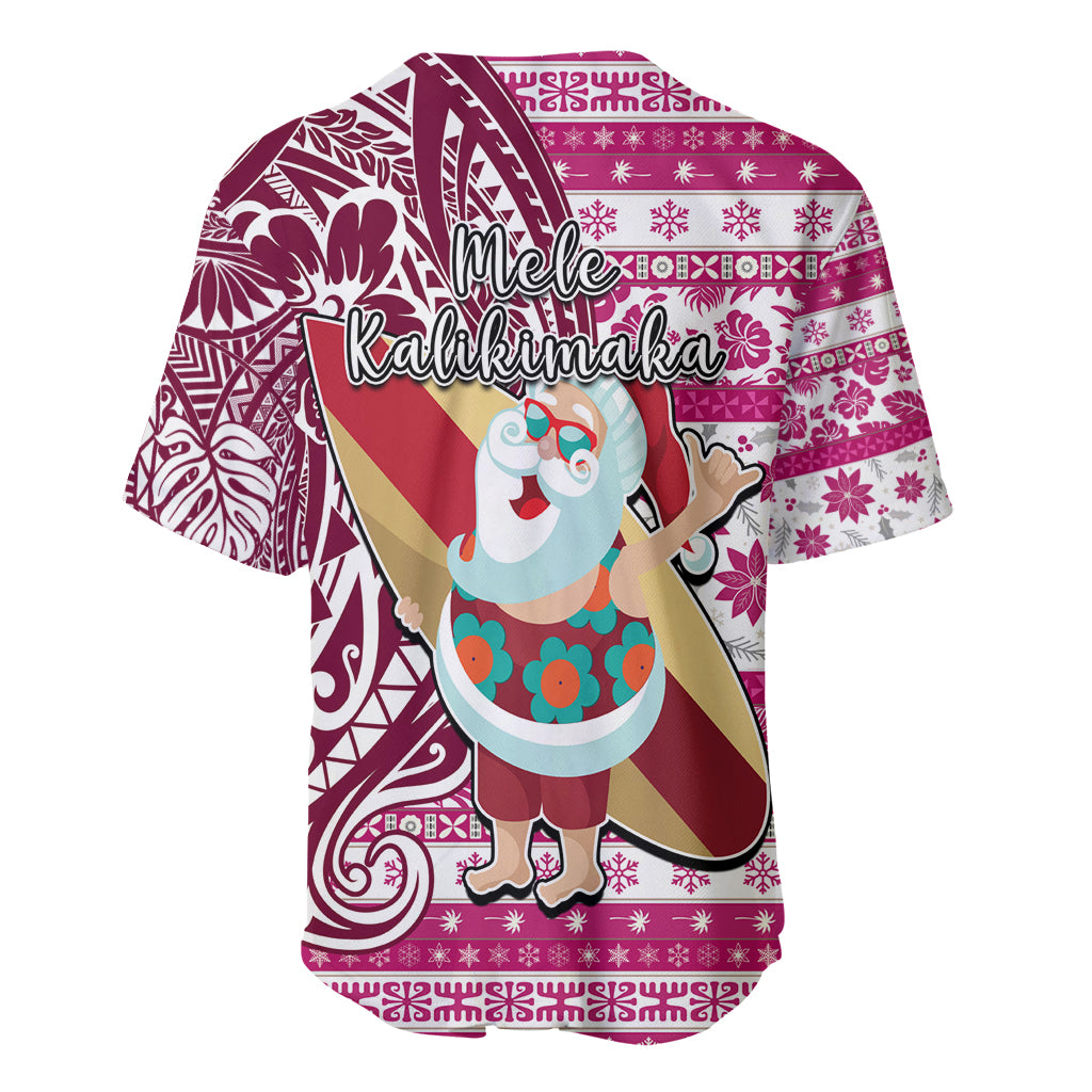 Hawaii Mele Kalikimaka Baseball Jersey Santa Claus Surfing with Hawaiian Pattern Striped Pink Style LT03 - Polynesian Pride