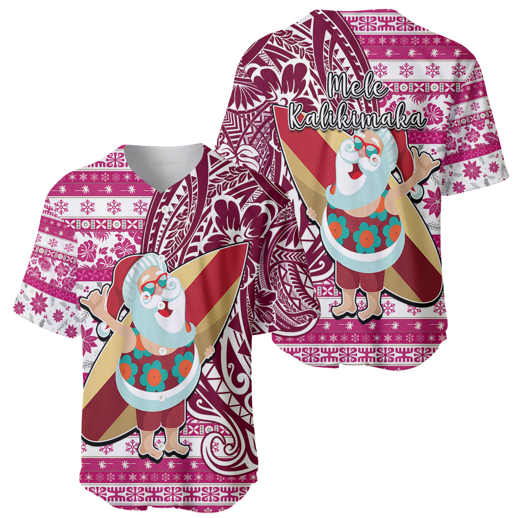 Hawaii Mele Kalikimaka Baseball Jersey Santa Claus Surfing with Hawaiian Pattern Striped Pink Style LT03 - Polynesian Pride