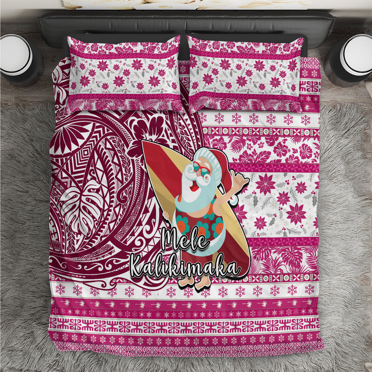 Hawaii Mele Kalikimaka Bedding Set Santa Claus Surfing with Hawaiian Pattern Striped Pink Style LT03 Pink - Polynesian Pride