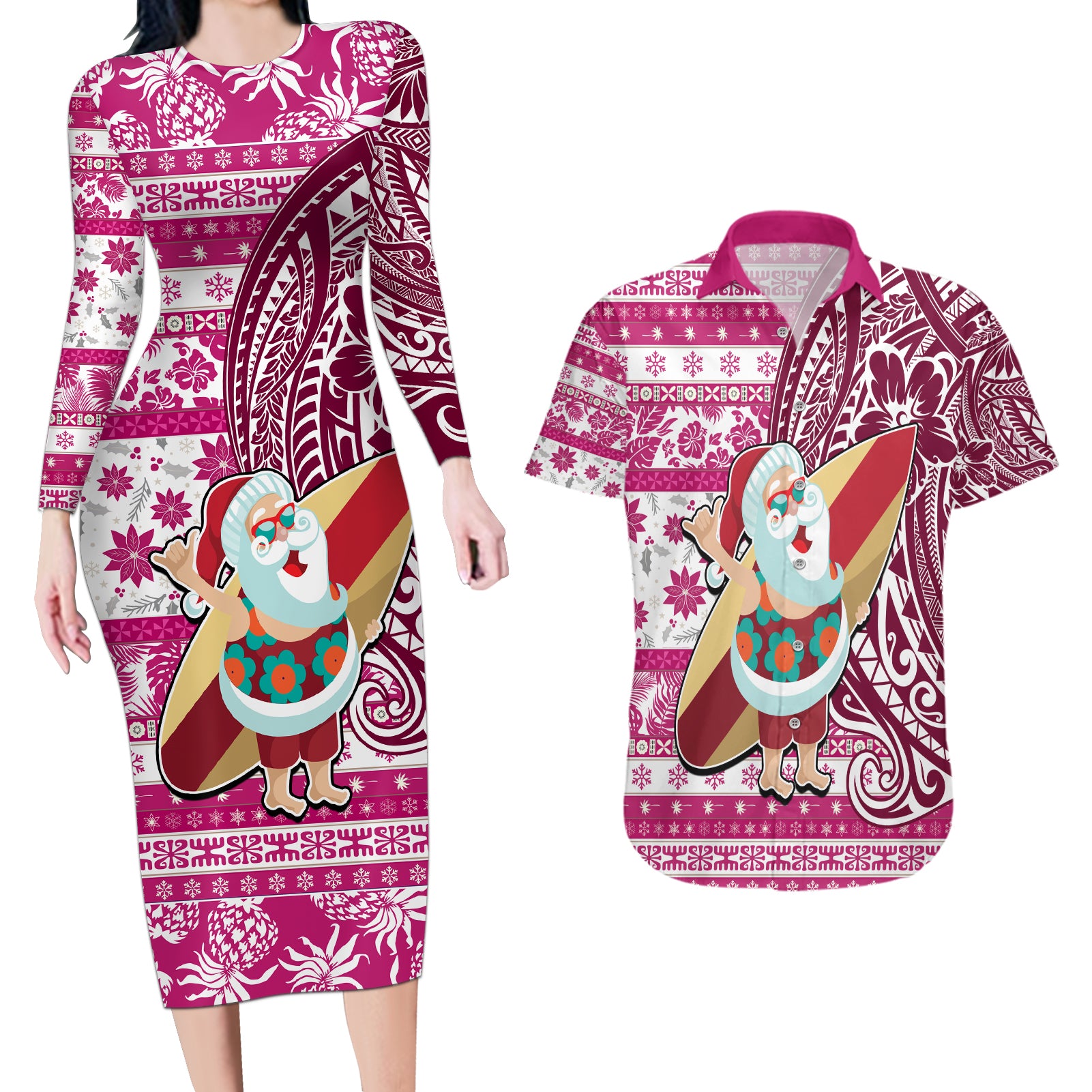 Hawaii Mele Kalikimaka Couples Matching Long Sleeve Bodycon Dress and Hawaiian Shirt Santa Claus Surfing with Hawaiian Pattern Striped Pink Style LT03 Pink - Polynesian Pride