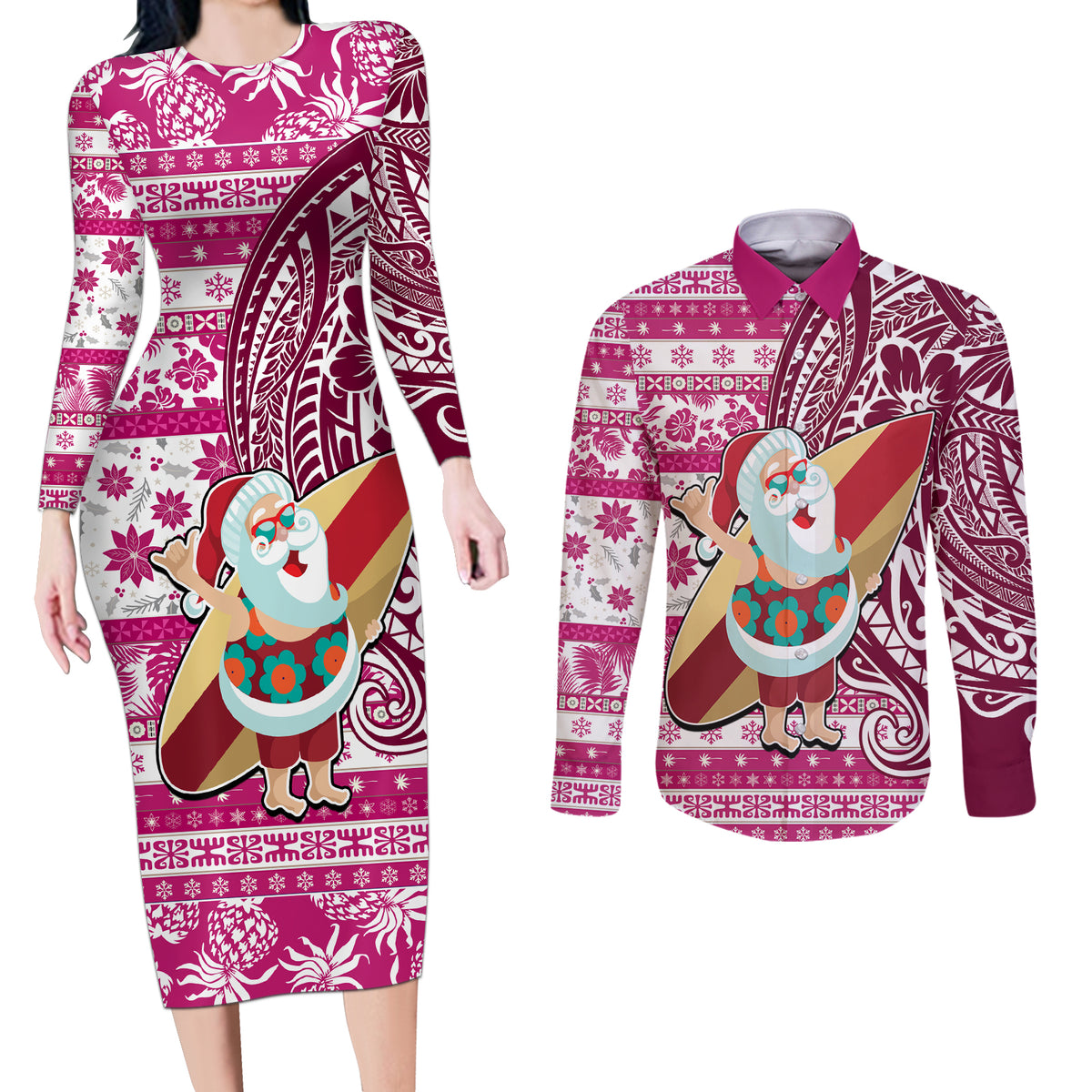 Hawaii Mele Kalikimaka Couples Matching Long Sleeve Bodycon Dress and Long Sleeve Button Shirt Santa Claus Surfing with Hawaiian Pattern Striped Pink Style LT03 Pink - Polynesian Pride