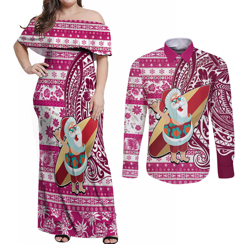 Hawaii Mele Kalikimaka Couples Matching Off Shoulder Maxi Dress and Long Sleeve Button Shirt Santa Claus Surfing with Hawaiian Pattern Striped Pink Style LT03 Pink - Polynesian Pride