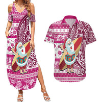 Hawaii Mele Kalikimaka Couples Matching Summer Maxi Dress and Hawaiian Shirt Santa Claus Surfing with Hawaiian Pattern Striped Pink Style LT03 Pink - Polynesian Pride