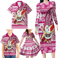 Hawaii Mele Kalikimaka Family Matching Long Sleeve Bodycon Dress and Hawaiian Shirt Santa Claus Surfing with Hawaiian Pattern Striped Pink Style LT03 - Polynesian Pride