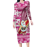 Hawaii Mele Kalikimaka Family Matching Long Sleeve Bodycon Dress and Hawaiian Shirt Santa Claus Surfing with Hawaiian Pattern Striped Pink Style LT03 Mom's Dress Pink - Polynesian Pride