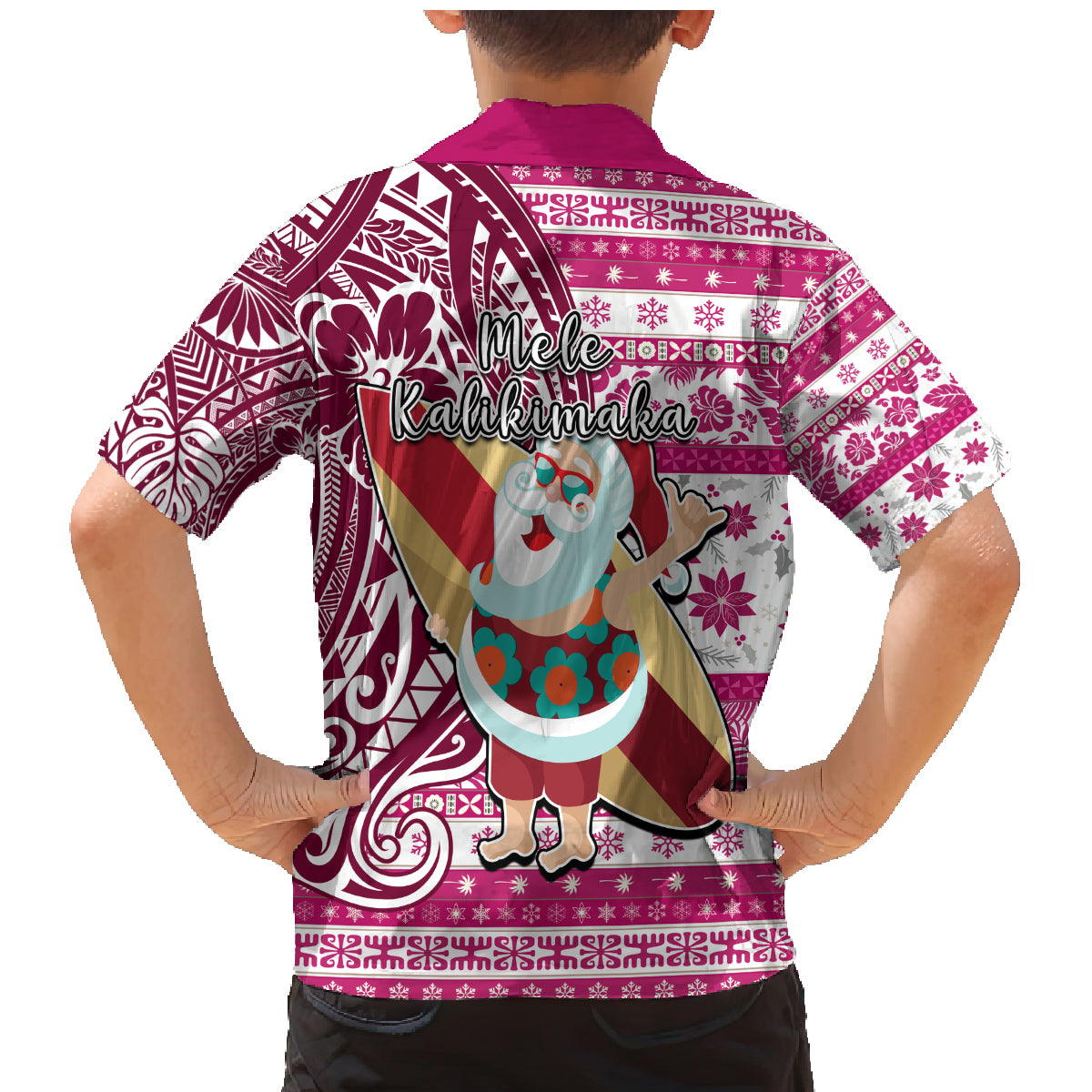 Hawaii Mele Kalikimaka Family Matching Mermaid Dress and Hawaiian Shirt Santa Claus Surfing with Hawaiian Pattern Striped Pink Style LT03 - Polynesian Pride
