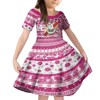 Hawaii Mele Kalikimaka Family Matching Off Shoulder Long Sleeve Dress and Hawaiian Shirt Santa Claus Surfing with Hawaiian Pattern Striped Pink Style LT03 Daughter's Dress Pink - Polynesian Pride