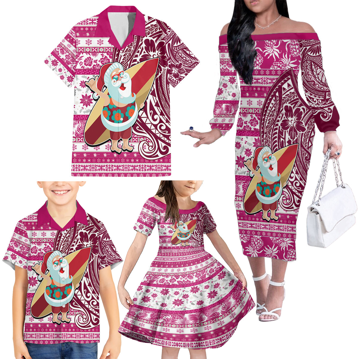 Hawaii Mele Kalikimaka Family Matching Off Shoulder Long Sleeve Dress and Hawaiian Shirt Santa Claus Surfing with Hawaiian Pattern Striped Pink Style LT03 - Polynesian Pride