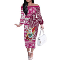 Hawaii Mele Kalikimaka Family Matching Off Shoulder Long Sleeve Dress and Hawaiian Shirt Santa Claus Surfing with Hawaiian Pattern Striped Pink Style LT03 Mom's Dress Pink - Polynesian Pride