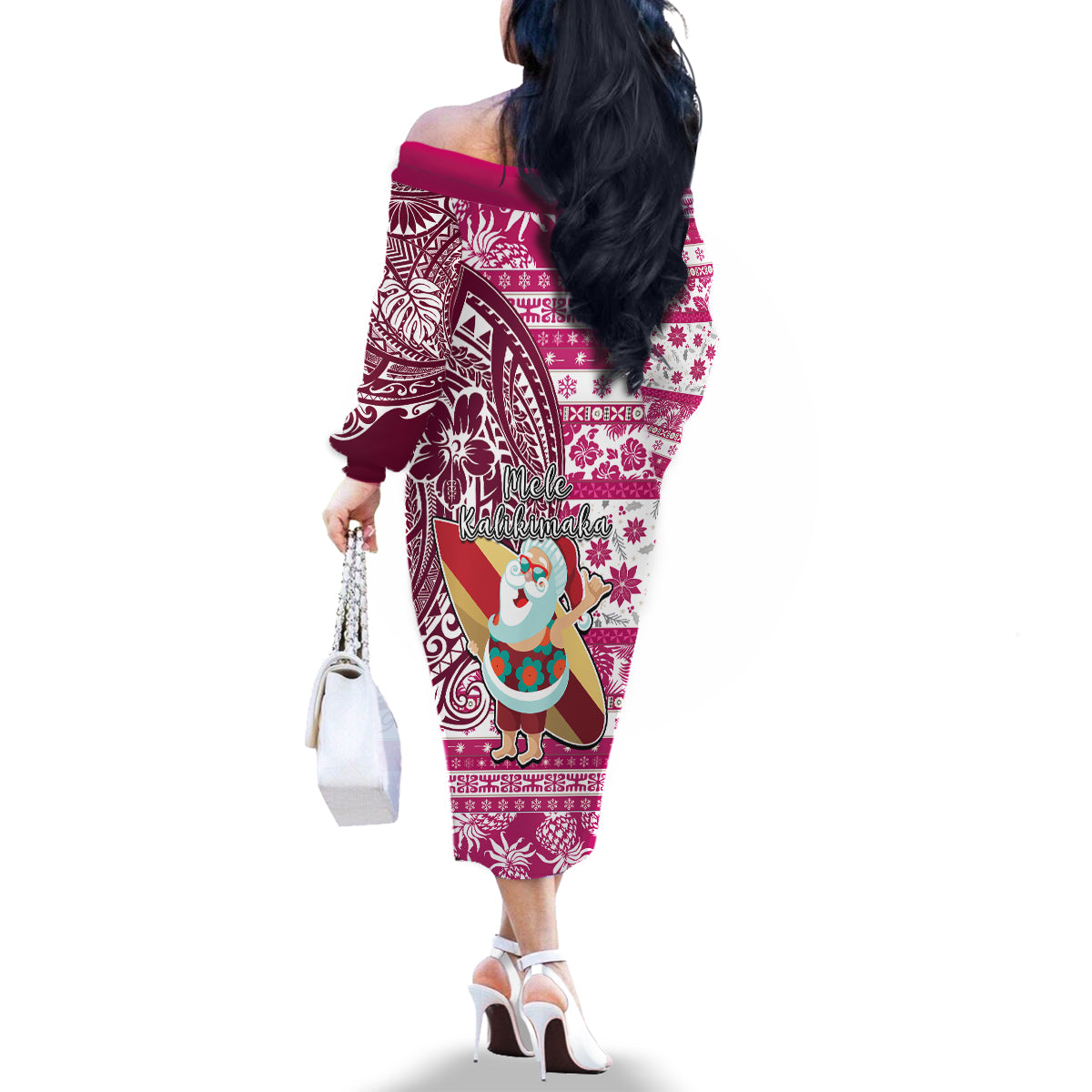 Hawaii Mele Kalikimaka Family Matching Off Shoulder Long Sleeve Dress and Hawaiian Shirt Santa Claus Surfing with Hawaiian Pattern Striped Pink Style LT03 - Polynesian Pride