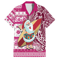 Hawaii Mele Kalikimaka Family Matching Off Shoulder Maxi Dress and Hawaiian Shirt Santa Claus Surfing with Hawaiian Pattern Striped Pink Style LT03 Dad's Shirt - Short Sleeve Pink - Polynesian Pride
