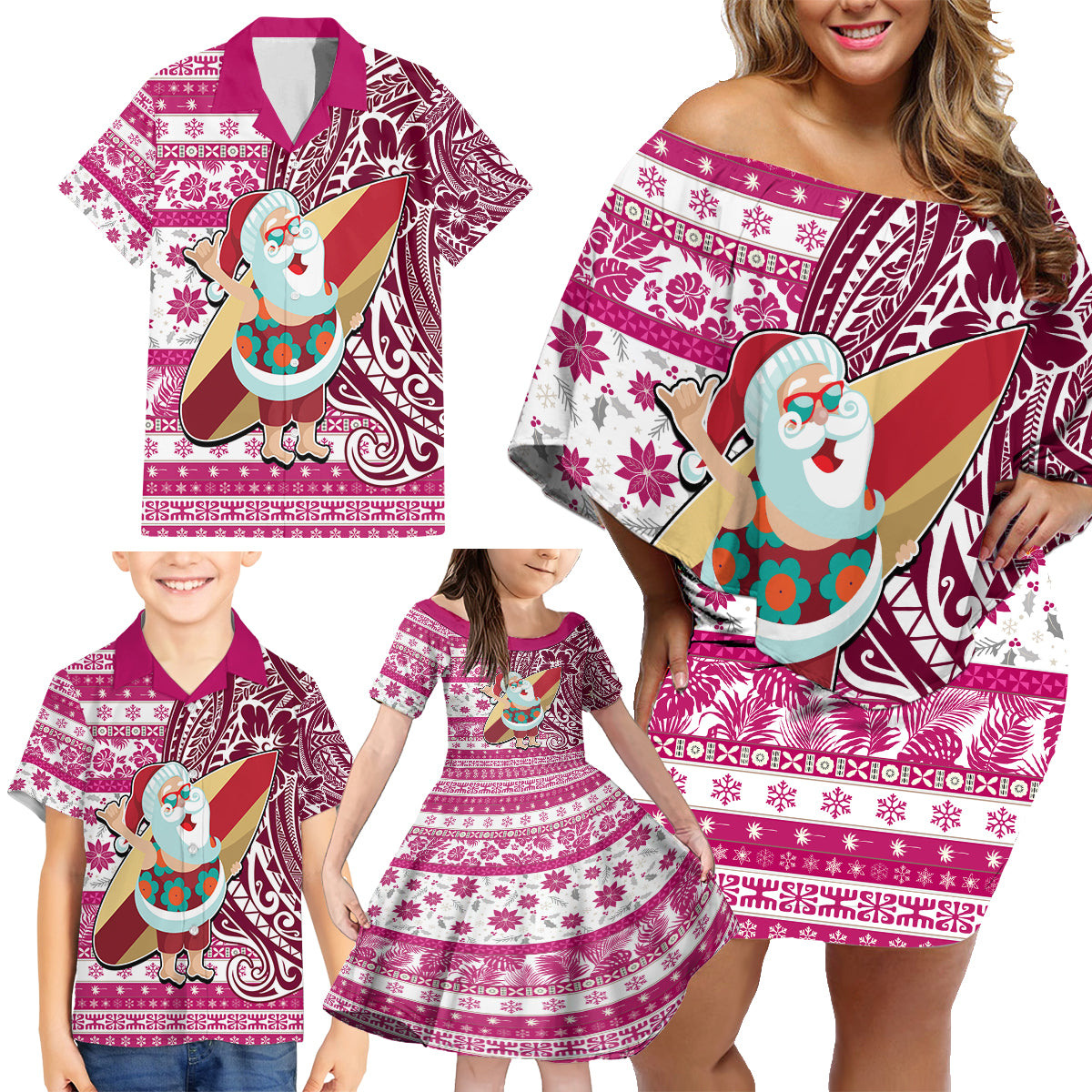 Hawaii Mele Kalikimaka Family Matching Off Shoulder Short Dress and Hawaiian Shirt Santa Claus Surfing with Hawaiian Pattern Striped Pink Style LT03 - Polynesian Pride