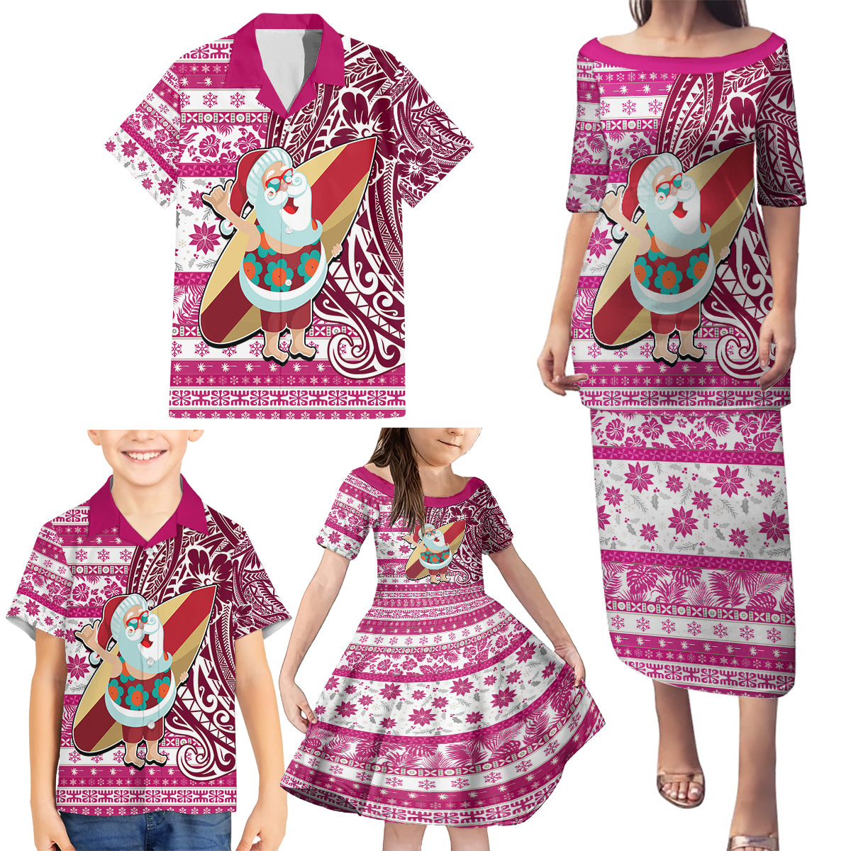 Hawaii Mele Kalikimaka Family Matching Puletasi Dress and Hawaiian Shirt Santa Claus Surfing with Hawaiian Pattern Striped Pink Style LT03 - Polynesian Pride