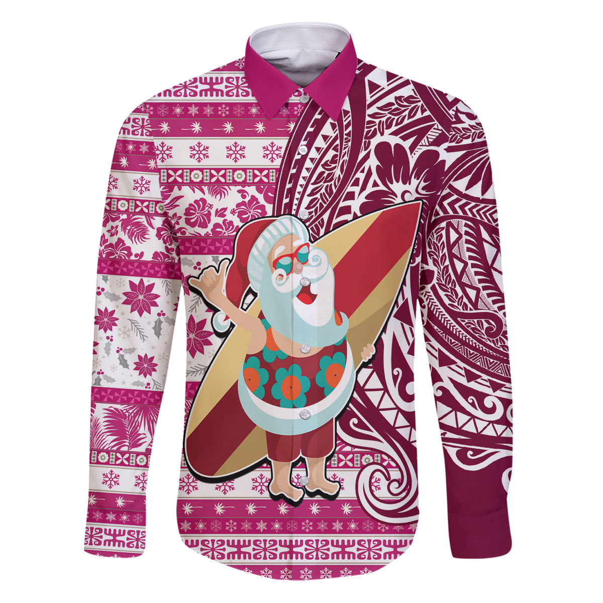 Hawaii Mele Kalikimaka Family Matching Puletasi Dress and Hawaiian Shirt Santa Claus Surfing with Hawaiian Pattern Striped Pink Style LT03 Dad's Shirt - Long Sleeve Pink - Polynesian Pride