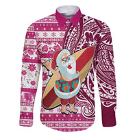 Hawaii Mele Kalikimaka Family Matching Puletasi Dress and Hawaiian Shirt Santa Claus Surfing with Hawaiian Pattern Striped Pink Style LT03 Dad's Shirt - Long Sleeve Pink - Polynesian Pride