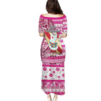 Hawaii Mele Kalikimaka Family Matching Puletasi Dress and Hawaiian Shirt Santa Claus Surfing with Hawaiian Pattern Striped Pink Style LT03 - Polynesian Pride