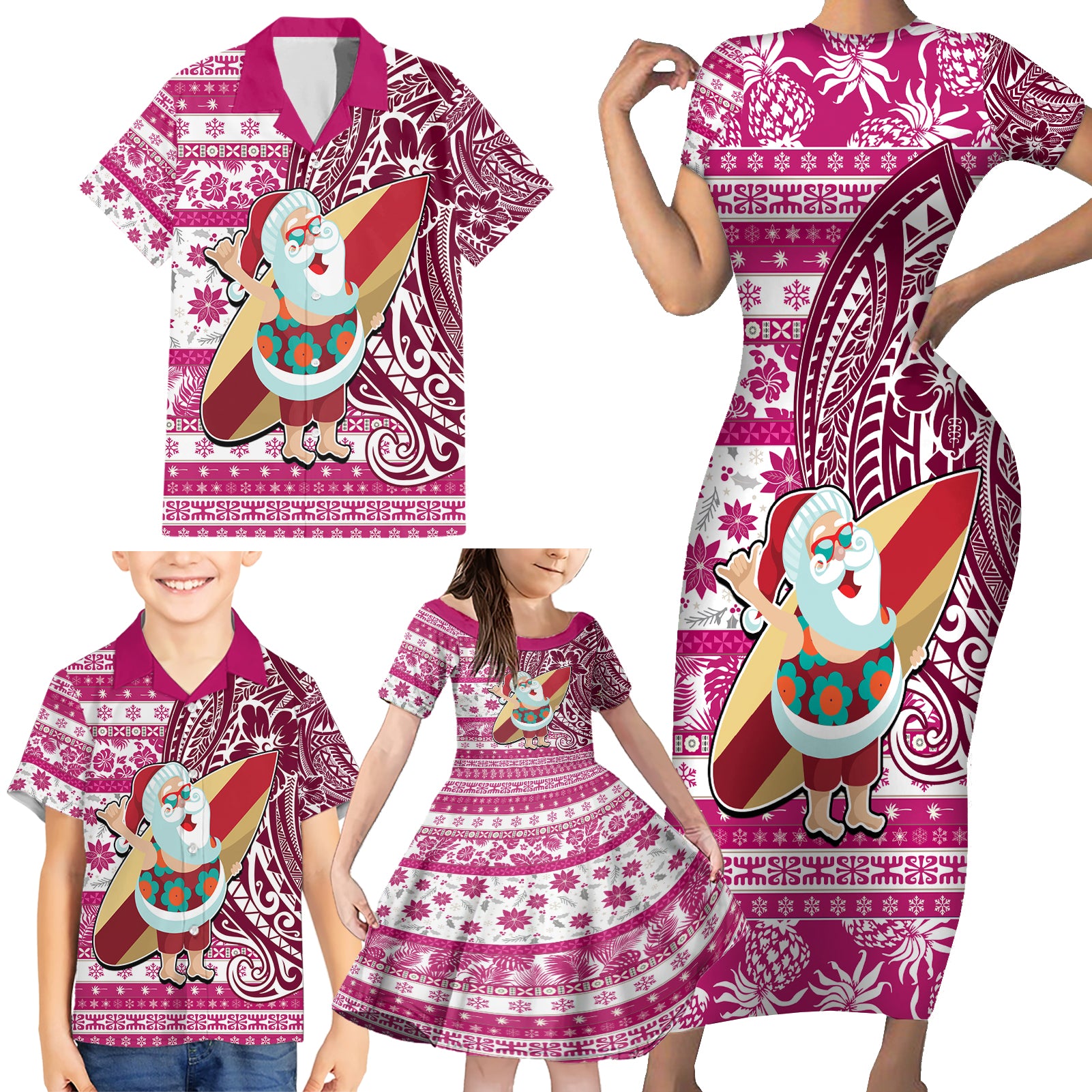 Hawaii Mele Kalikimaka Family Matching Short Sleeve Bodycon Dress and Hawaiian Shirt Santa Claus Surfing with Hawaiian Pattern Striped Pink Style LT03 - Polynesian Pride