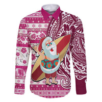 Hawaii Mele Kalikimaka Family Matching Summer Maxi Dress and Hawaiian Shirt Santa Claus Surfing with Hawaiian Pattern Striped Pink Style LT03 Dad's Shirt - Long Sleeve Pink - Polynesian Pride