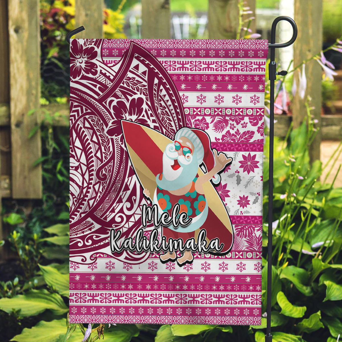 Hawaii Mele Kalikimaka Garden Flag Santa Claus Surfing with Hawaiian Pattern Striped Pink Style LT03 Garden Flag Pink - Polynesian Pride