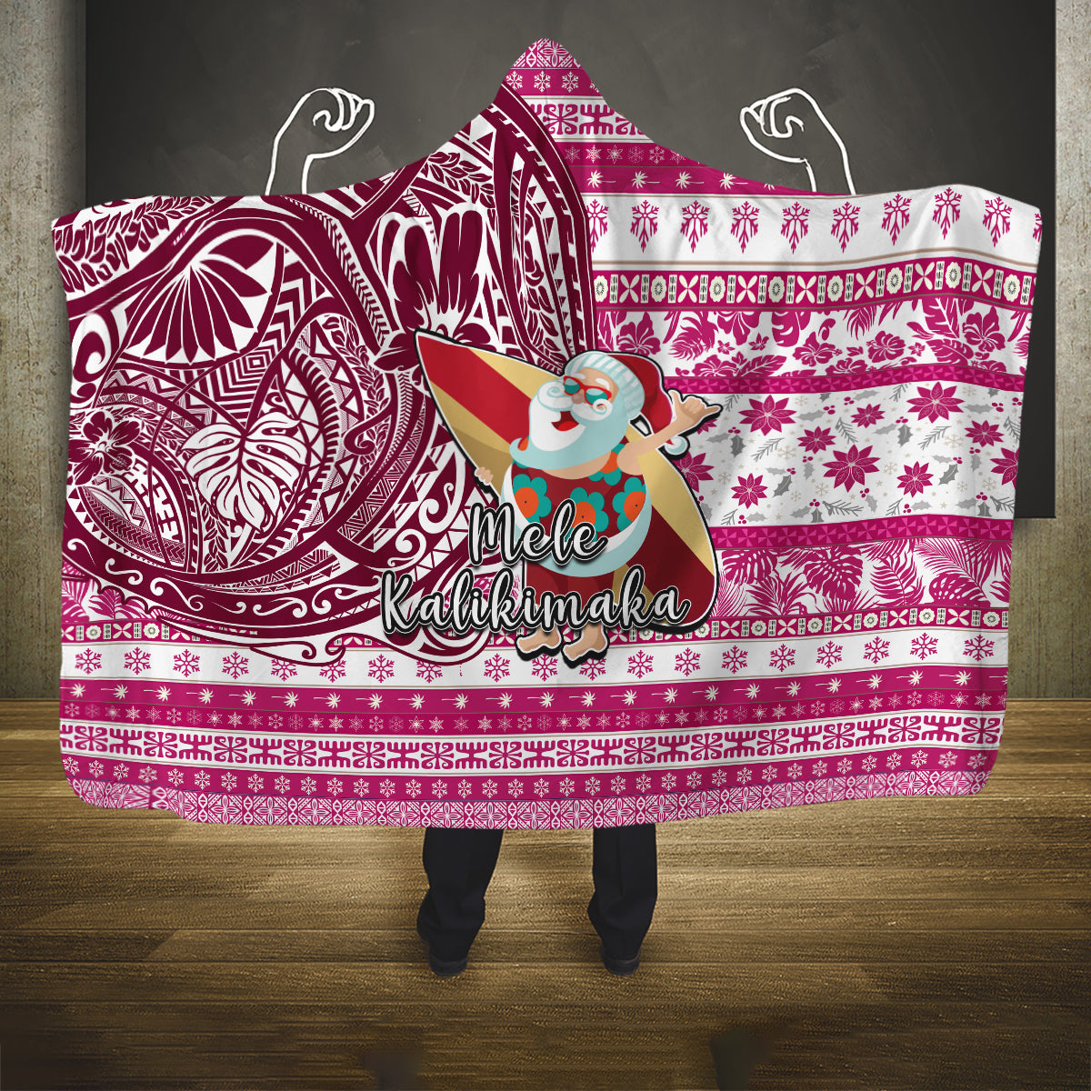 Hawaii Mele Kalikimaka Hooded Blanket Santa Claus Surfing with Hawaiian Pattern Striped Pink Style LT03 One Size Pink - Polynesian Pride