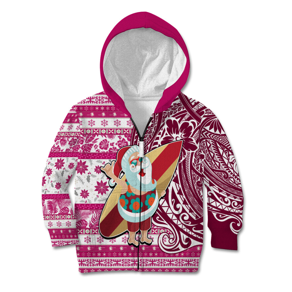 Hawaii Mele Kalikimaka Kid Hoodie Santa Claus Surfing with Hawaiian Pattern Striped Pink Style LT03 - Polynesian Pride