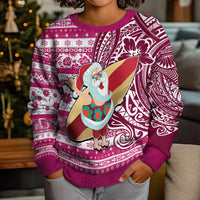 Hawaii Mele Kalikimaka Kid Ugly Christmas Sweater Santa Claus Surfing with Hawaiian Pattern Striped Pink Style LT03 - Polynesian Pride