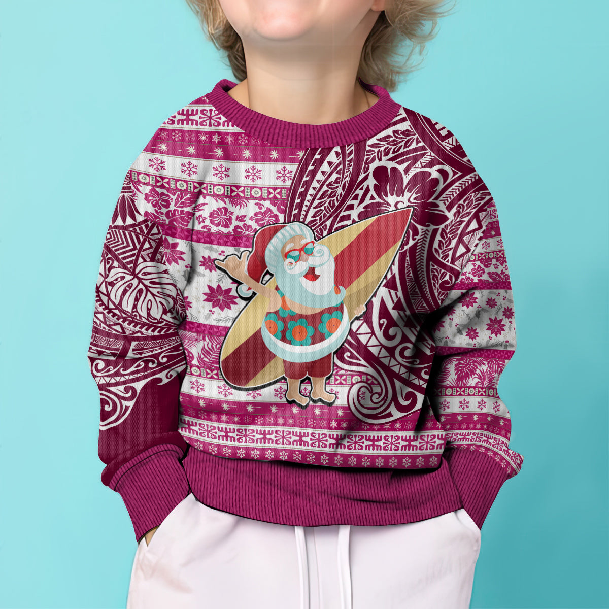 Hawaii Mele Kalikimaka Kid Ugly Christmas Sweater Santa Claus Surfing with Hawaiian Pattern Striped Pink Style LT03 - Polynesian Pride