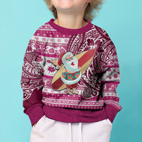 Hawaii Mele Kalikimaka Kid Ugly Christmas Sweater Santa Claus Surfing with Hawaiian Pattern Striped Pink Style LT03 - Polynesian Pride