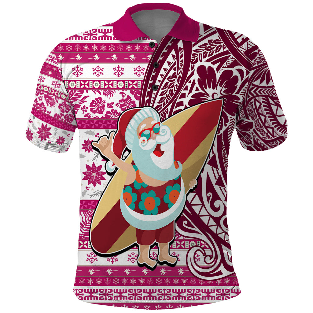 Hawaii Mele Kalikimaka Polo Shirt Santa Claus Surfing with Hawaiian Pattern Striped Pink Style LT03 Pink - Polynesian Pride