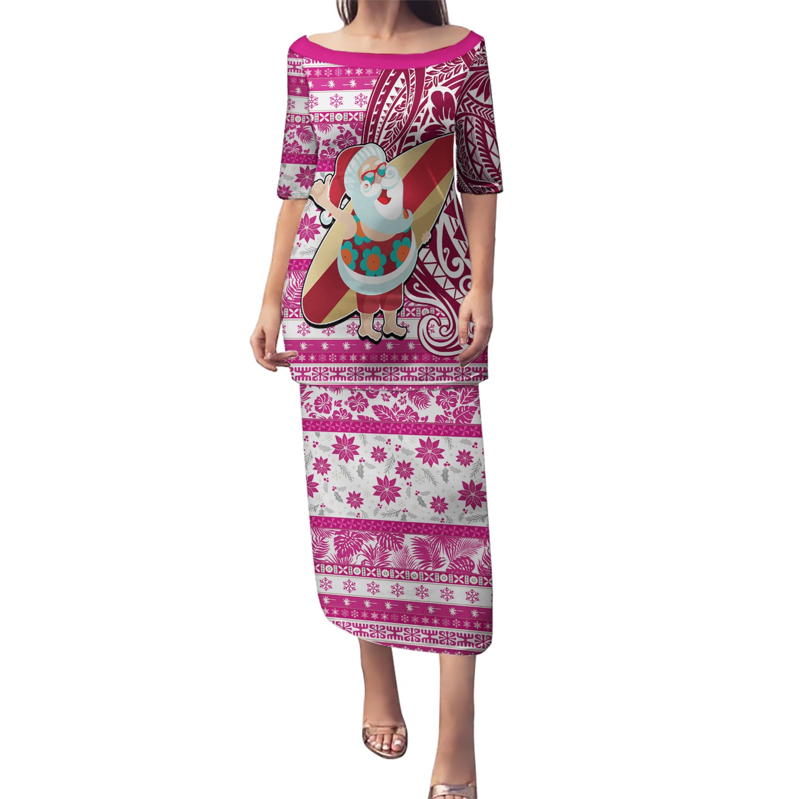 Hawaii Mele Kalikimaka Puletasi Santa Claus Surfing with Hawaiian Pattern Striped Pink Style LT03 Long Dress Pink - Polynesian Pride