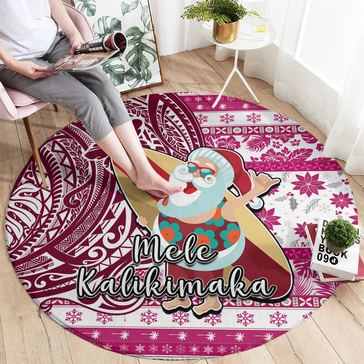 Hawaii Mele Kalikimaka Round Carpet Santa Claus Surfing with Hawaiian Pattern Striped Pink Style LT03 - Polynesian Pride