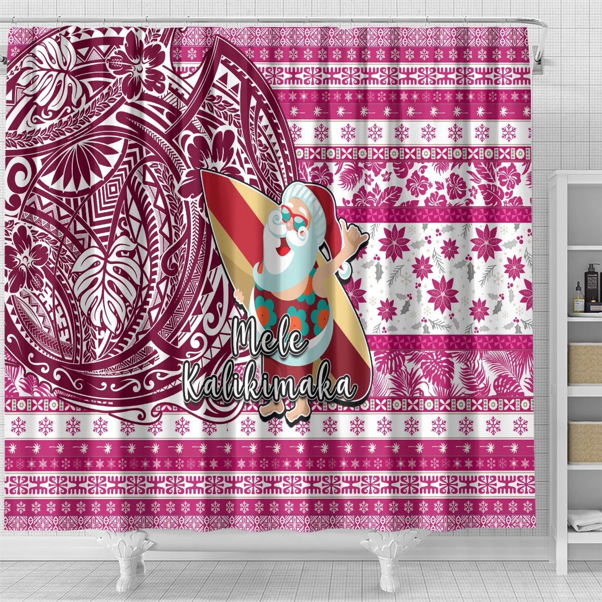 Hawaii Mele Kalikimaka Shower Curtain Santa Claus Surfing with Hawaiian Pattern Striped Pink Style LT03 - Polynesian Pride