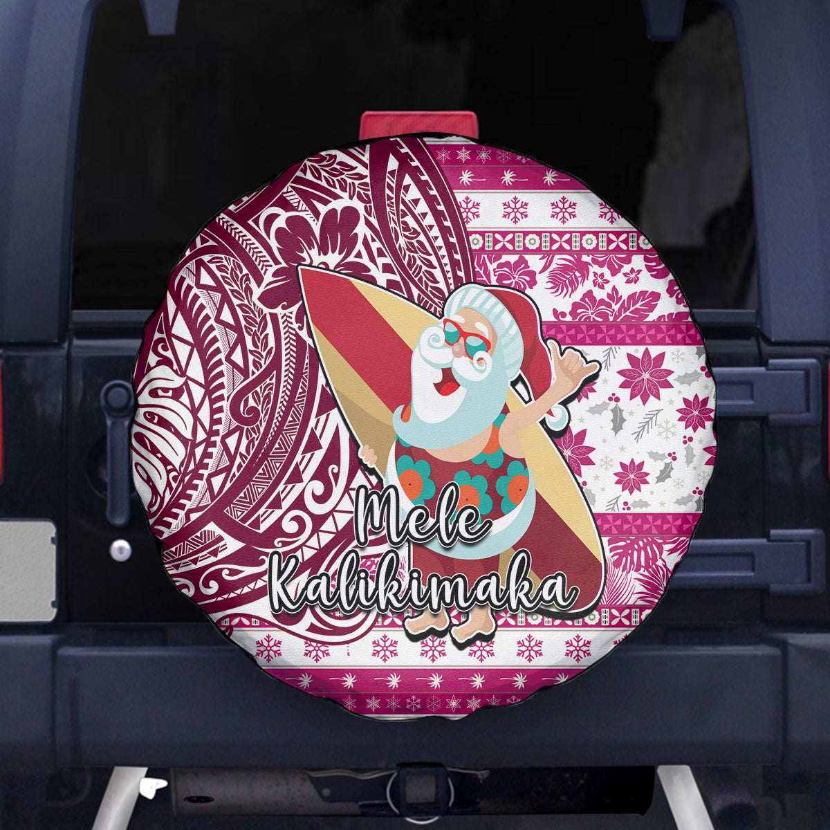 Hawaii Mele Kalikimaka Spare Tire Cover Santa Claus Surfing with Hawaiian Pattern Striped Pink Style LT03 Pink - Polynesian Pride